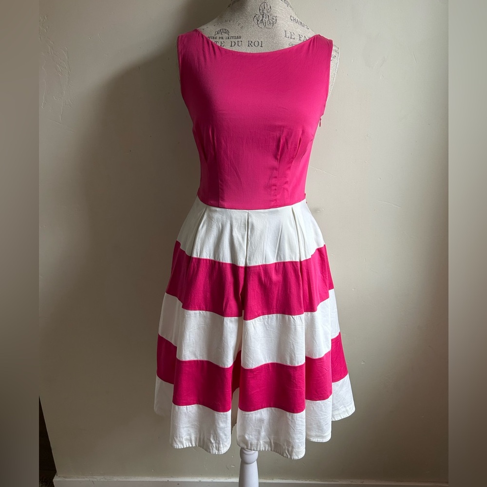 ▶️ Kate Spade Fit Flare Dress Womens 2 Pink White Striped Sleeveless Preppy - Picture 3 of 14